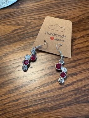 Handmade Silver Drop Earrings with Red and Clear Stones